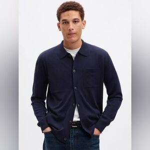 Gap 100% Merino Wool Polo Sweater Shirt Large Mens Navy Blue Button Down LS